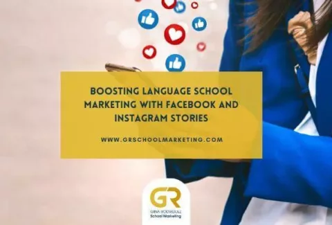 Blog Cover for the artilce Boosting Language School Marketing with Facebook and Instagram Stories written on yellow background.