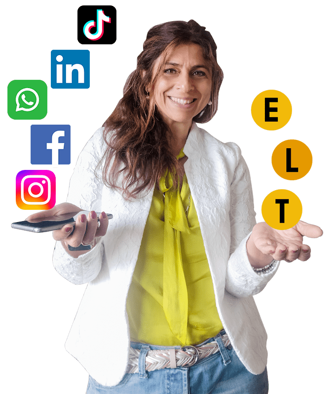 Gina Rodriguez, ELT Marketing Consultant photo with social media icons and the ELT initials