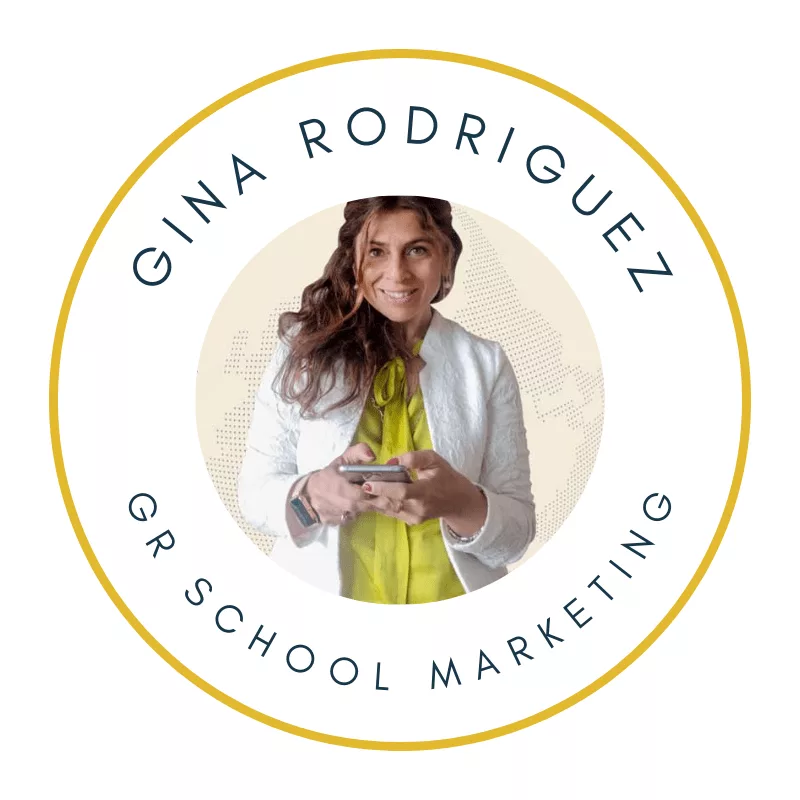 profile photo of Gina Rodriguez ELT Marketing Consultant with the words GR School Marketing and her name aroun it