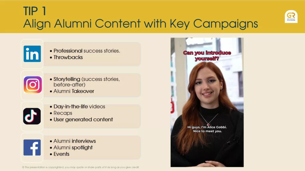 slide from the presentation by Gina Rodriguez at the English UK Marketing Conference showing how to align alumni content with key campaigns on social media