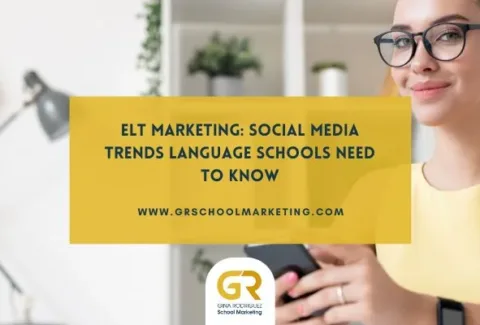 blog cover with overlaying text saying ELT Marketing Social Media Trends Language Schools Need to Know and a teacher in the background