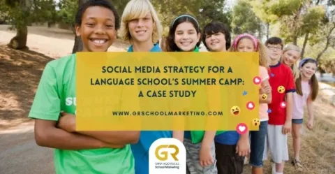cover of blog post featuring teens in a summer camp with overlaying text with blog title social-media-strategy-for-a-language-schools-summer-camp-a-case-study