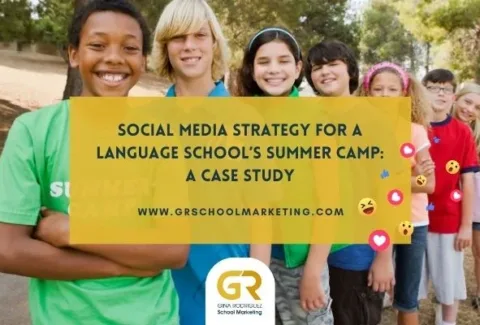 cover of blog post featuring teens in a summer camp with overlaying text with blog title social-media-strategy-for-a-language-schools-summer-camp-a-case-study