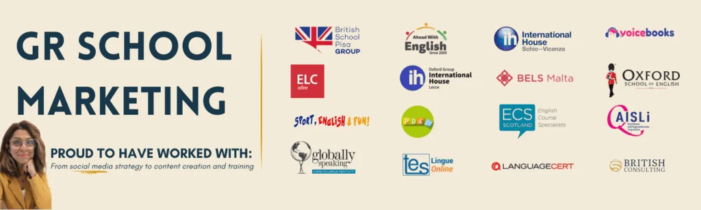 GR School Marketing founder Gina Rodriguez next to logos of language schools and education brands she has worked with, including LanguageCert, IH, AISLi, and ELC.