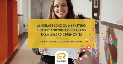 blog cover with photo of student girl holding a certificate and overlaying text with blog post title saying Language School Marketing: Photos and Videos Ideas for Exam Award Ceremonies
