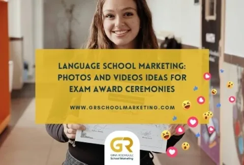 blog cover with photo of student girl holding a certificate and overlaying text with blog post title saying Language School Marketing: Photos and Videos Ideas for Exam Award Ceremonies